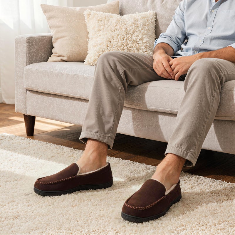 shoeslocker Men Slippers Indoor Outdoor Anti-Slip Slippers for Men Warm Plush (Brown, numeric_12) - Image 2